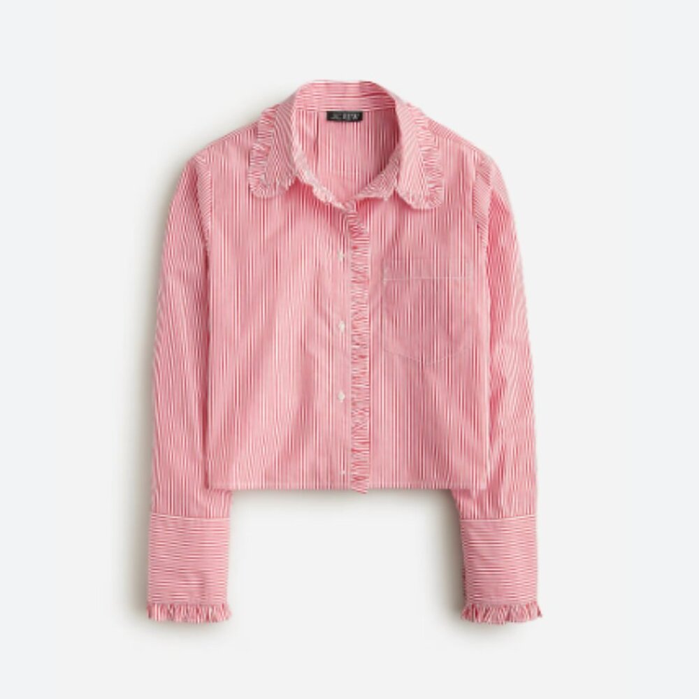 J Crew |   Ruffle-trim button-up shirt in striped cotton poplin
